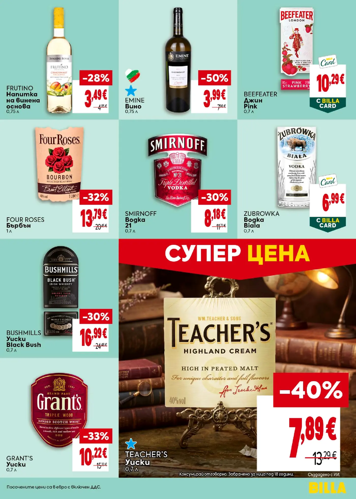 Страница от промоционална брошура на Billa с алкохолни напитки
