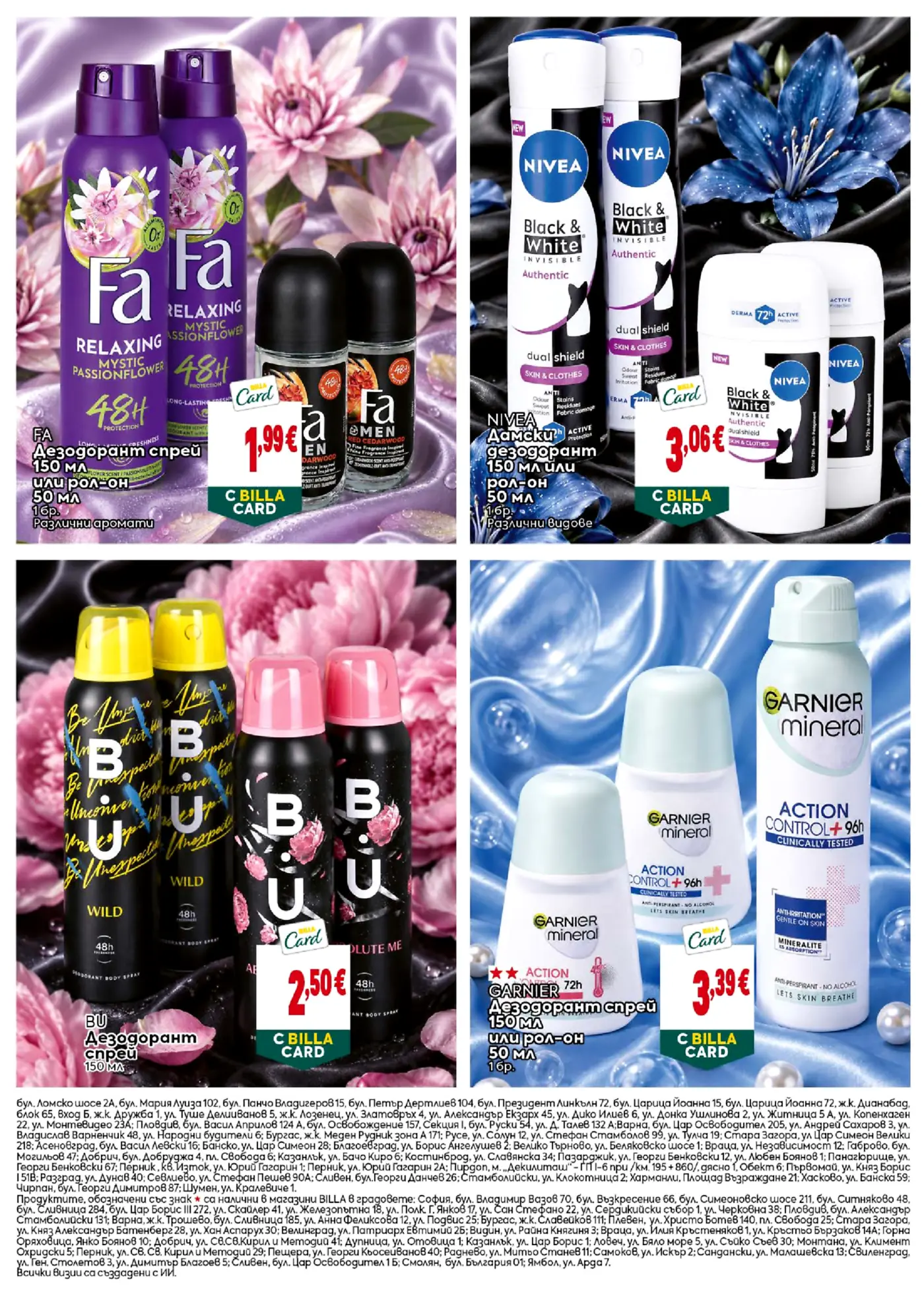 Страница с промоции на дезодоранти Fa, Nivea, B.U. и Garnier в брошура на Billa