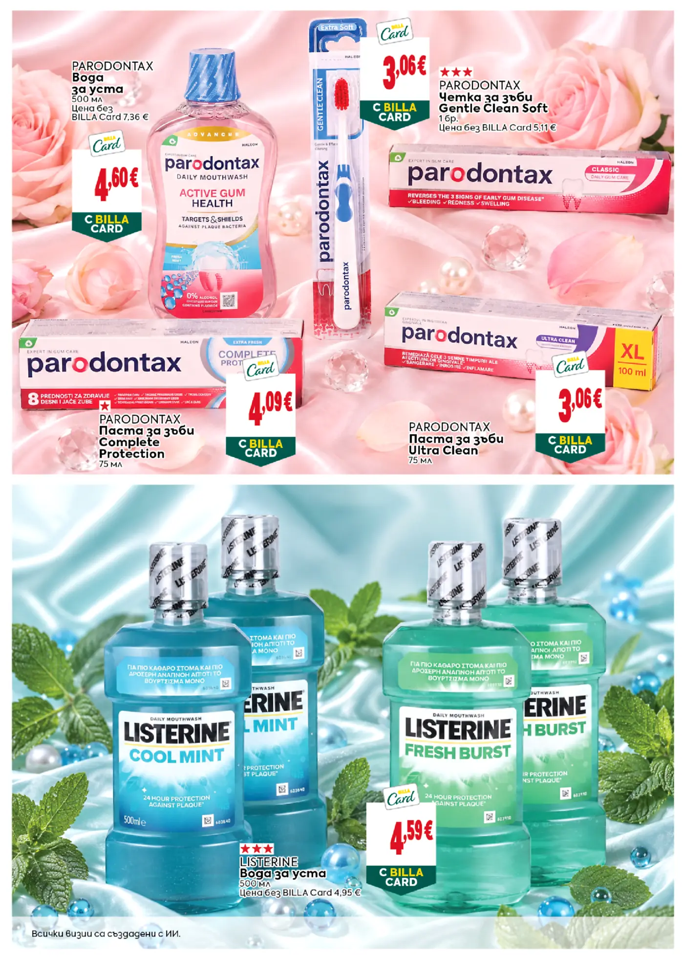 Страница с промоции на продукти за устна хигиена Parodontax и Listerine с Billa Card