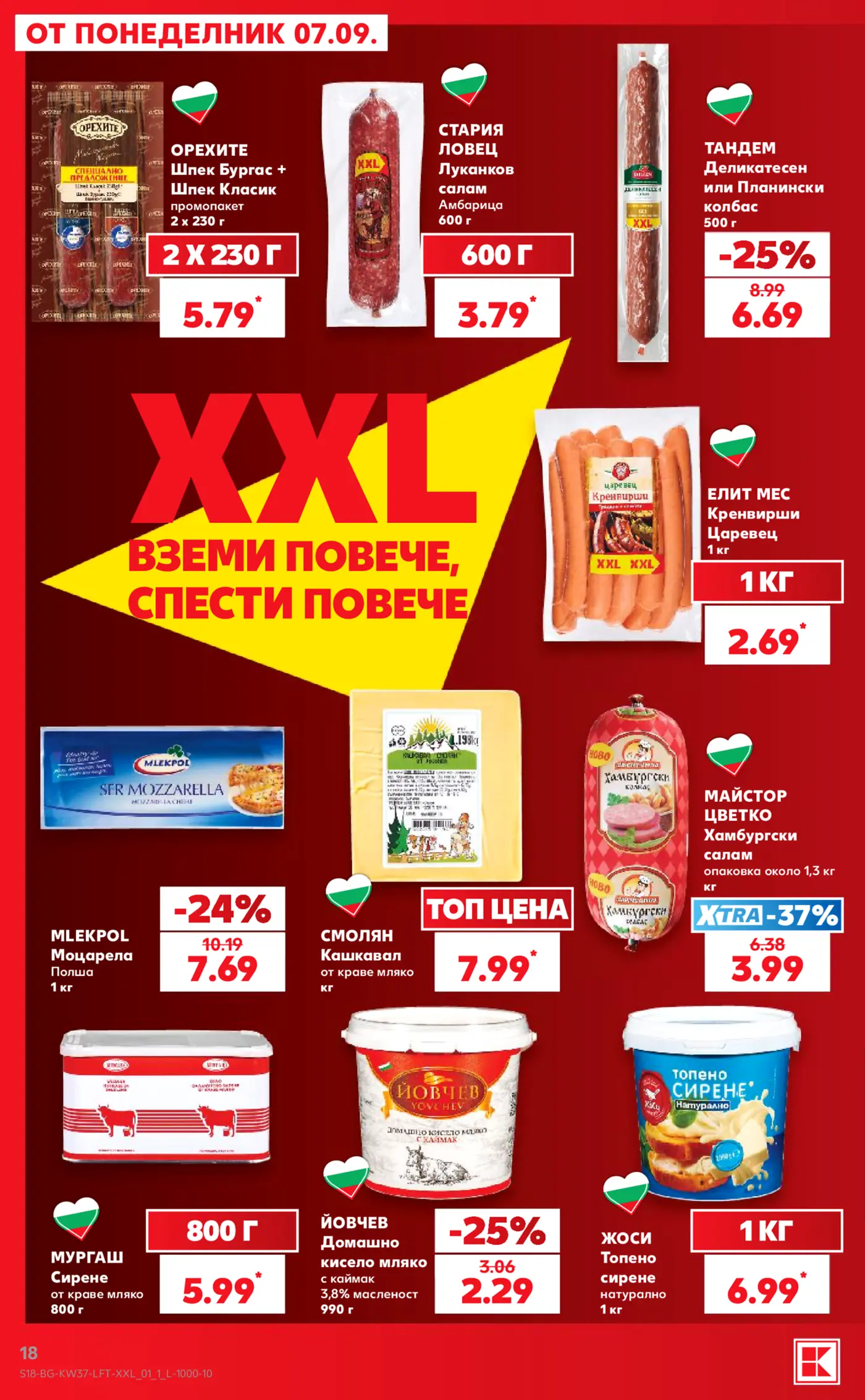 Страница от промоционална брошура с колбаси, сирена и млечни продукти