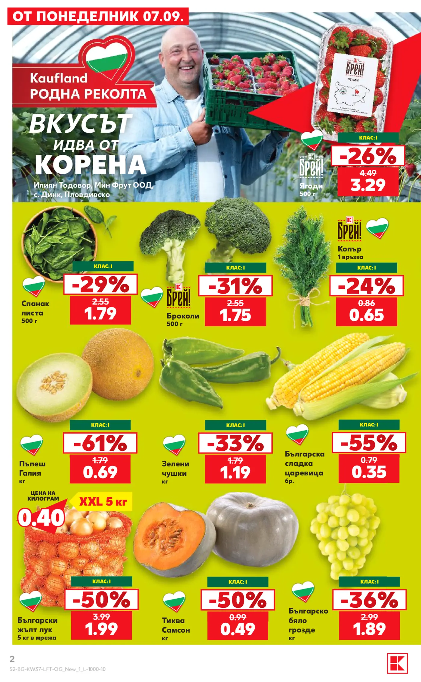 Страница от промоционална брошура на Kaufland с български плодове и зеленчуци