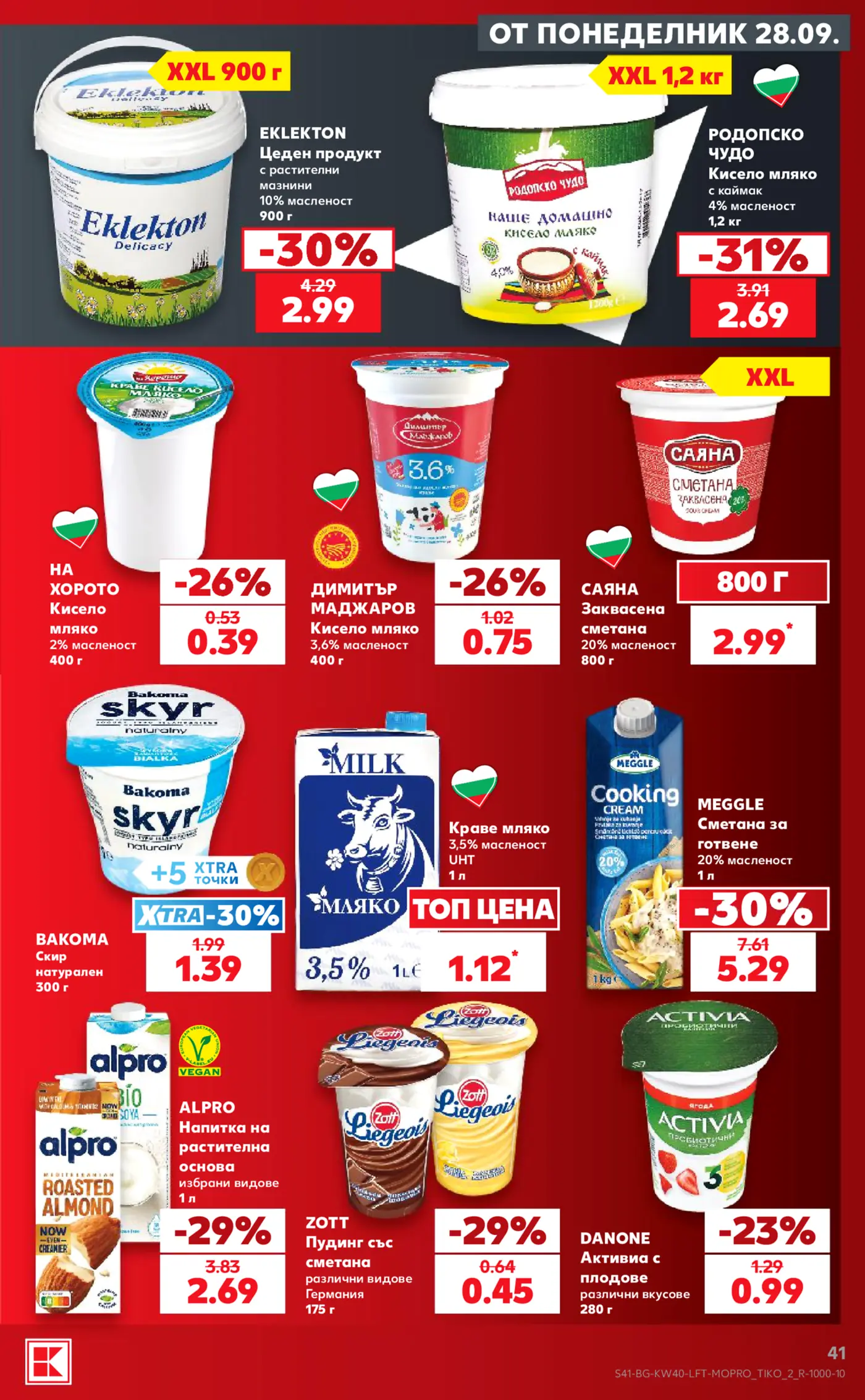 Страница от промоционална брошура с млечни продукти, кисело мляко, сметана и пудинг