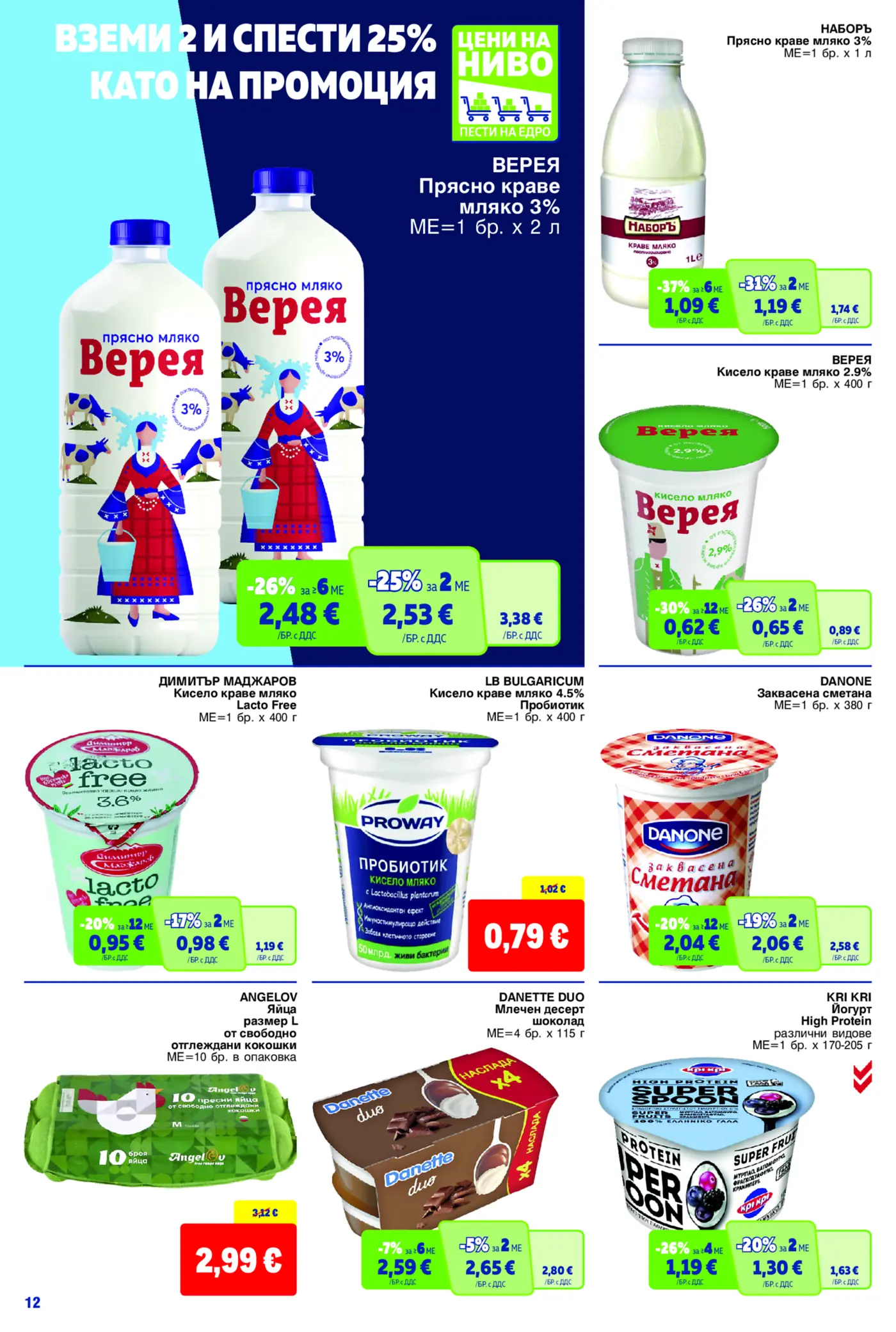 Страница от промоционална брошура с млечни продукти, яйца и десерти