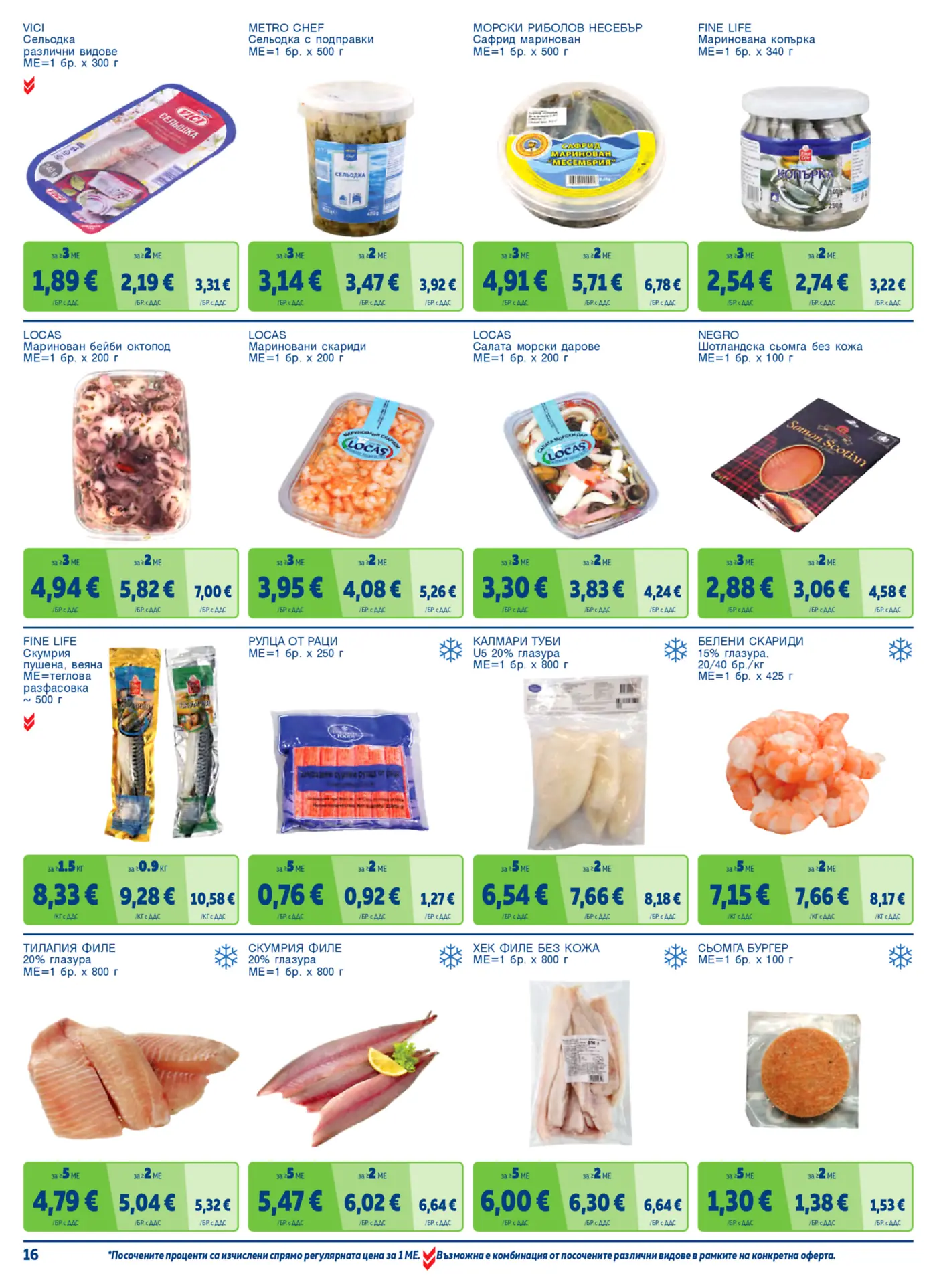 Страница от промоционална брошура с риба и рибни продукти