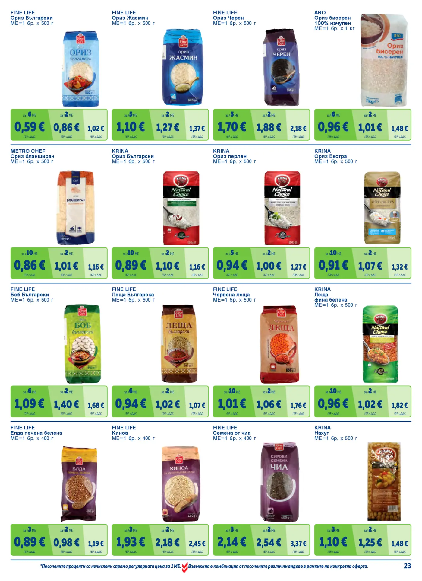 Страница от промоционална брошура с ориз, боб, леща и други варива на марка Fine Life, Aro и Krina