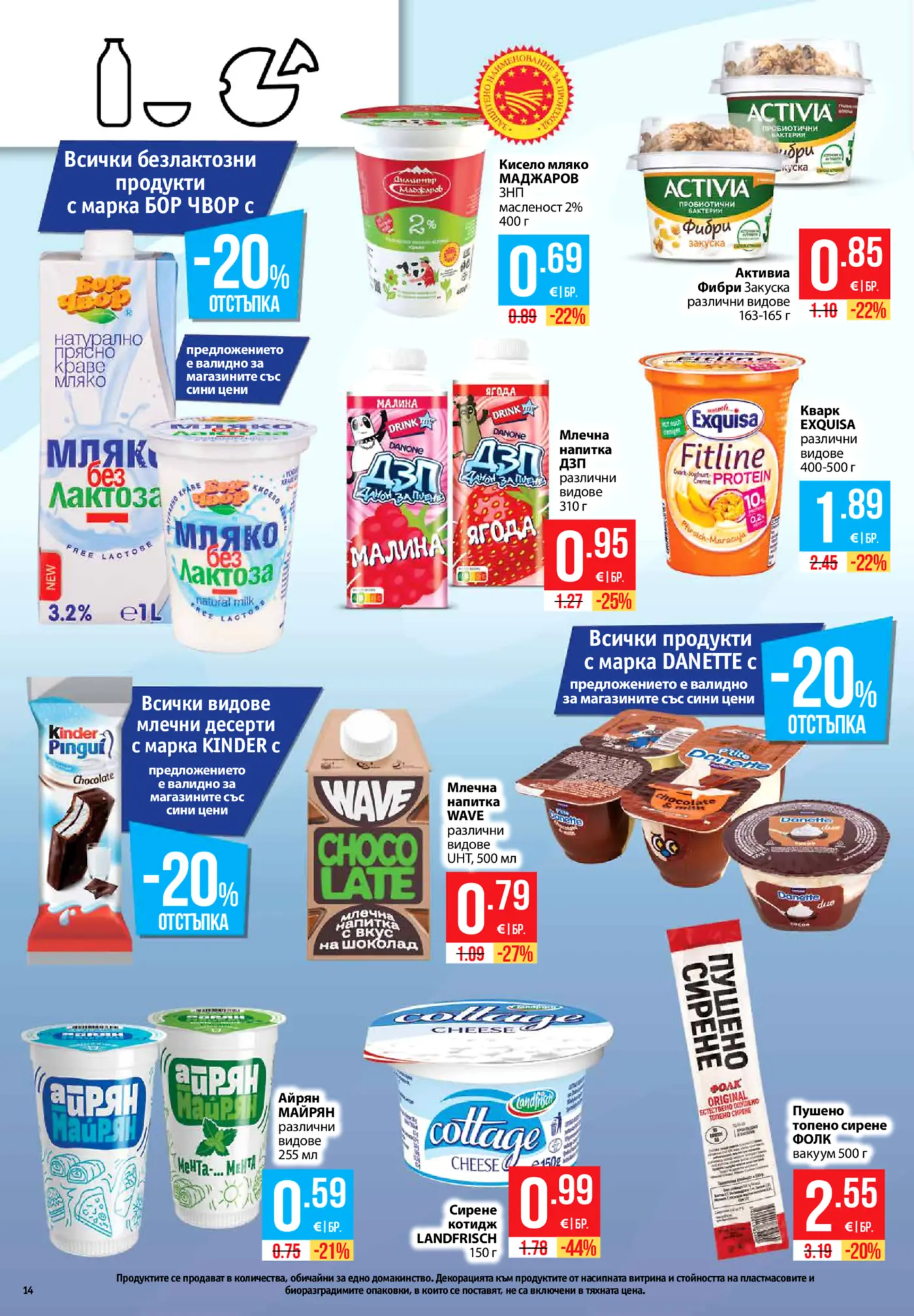 Страница от промоционална брошура с млечни продукти, кисело мляко, десерти и сирена