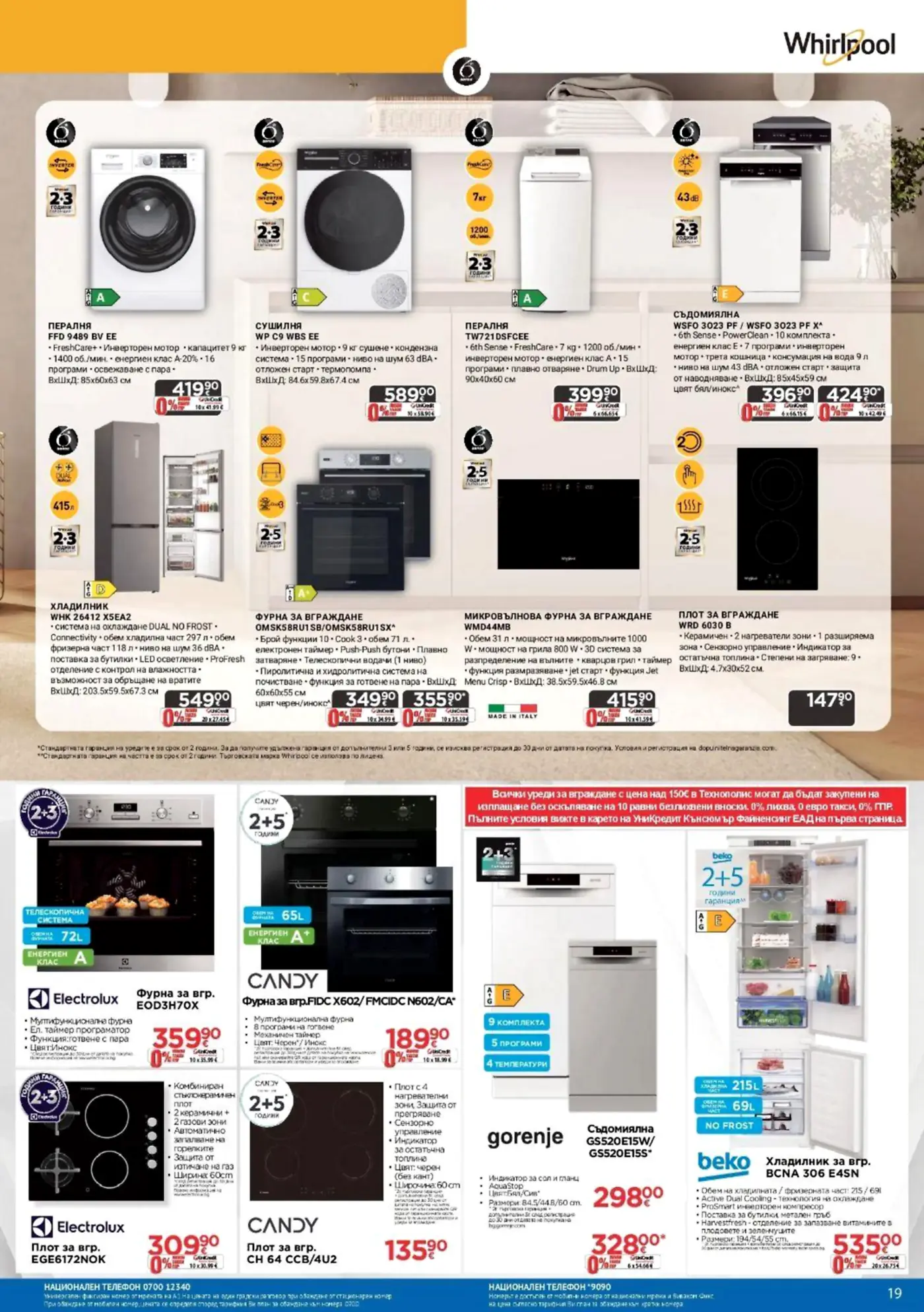Страница с промоционални уреди Whirlpool, Electrolux, Candy, Gorenje и Beko