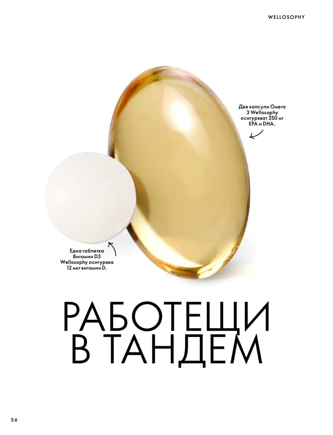 Страница с информативни изображения на витамин D3 и омега 3 капсули Wellosophy