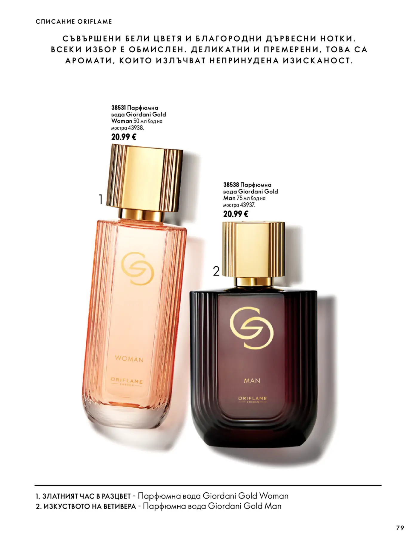 Страница от каталог Oriflame с парфюмни води Giordani Gold Woman и Man