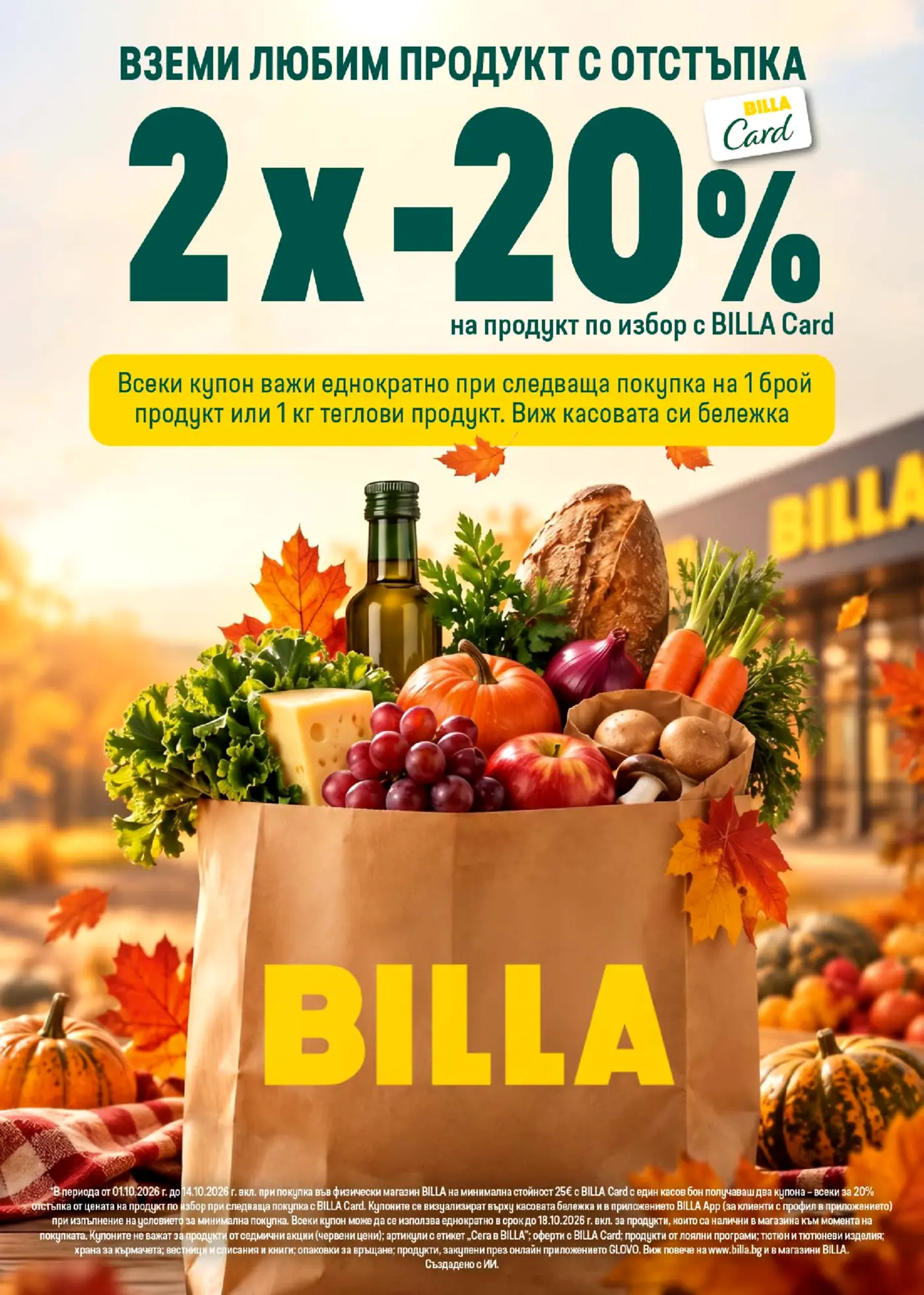 Рекламна страница на BILLA с промоция 2х-20% с BILLA Card