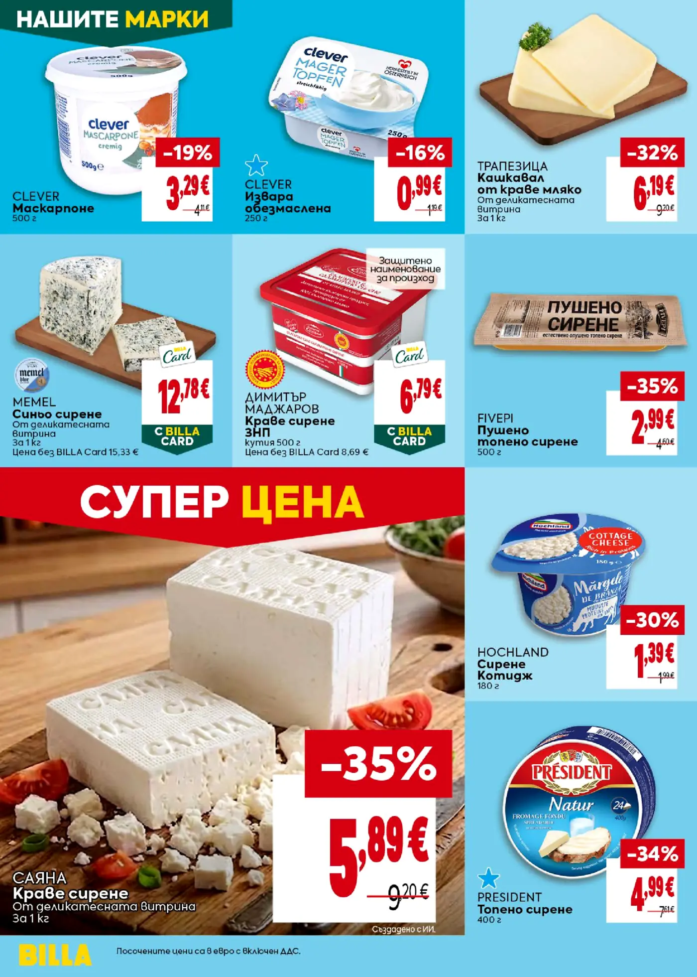 Страница от промоционална брошура на Billa с млечни продукти и сирена