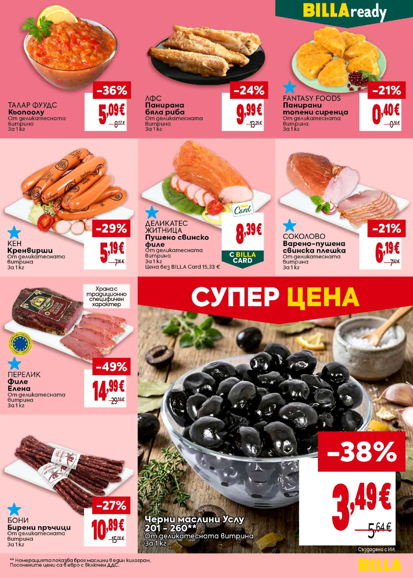 Страница с промоционални предложения от брошура на Billa за деликатеси, месо, риба и маслини