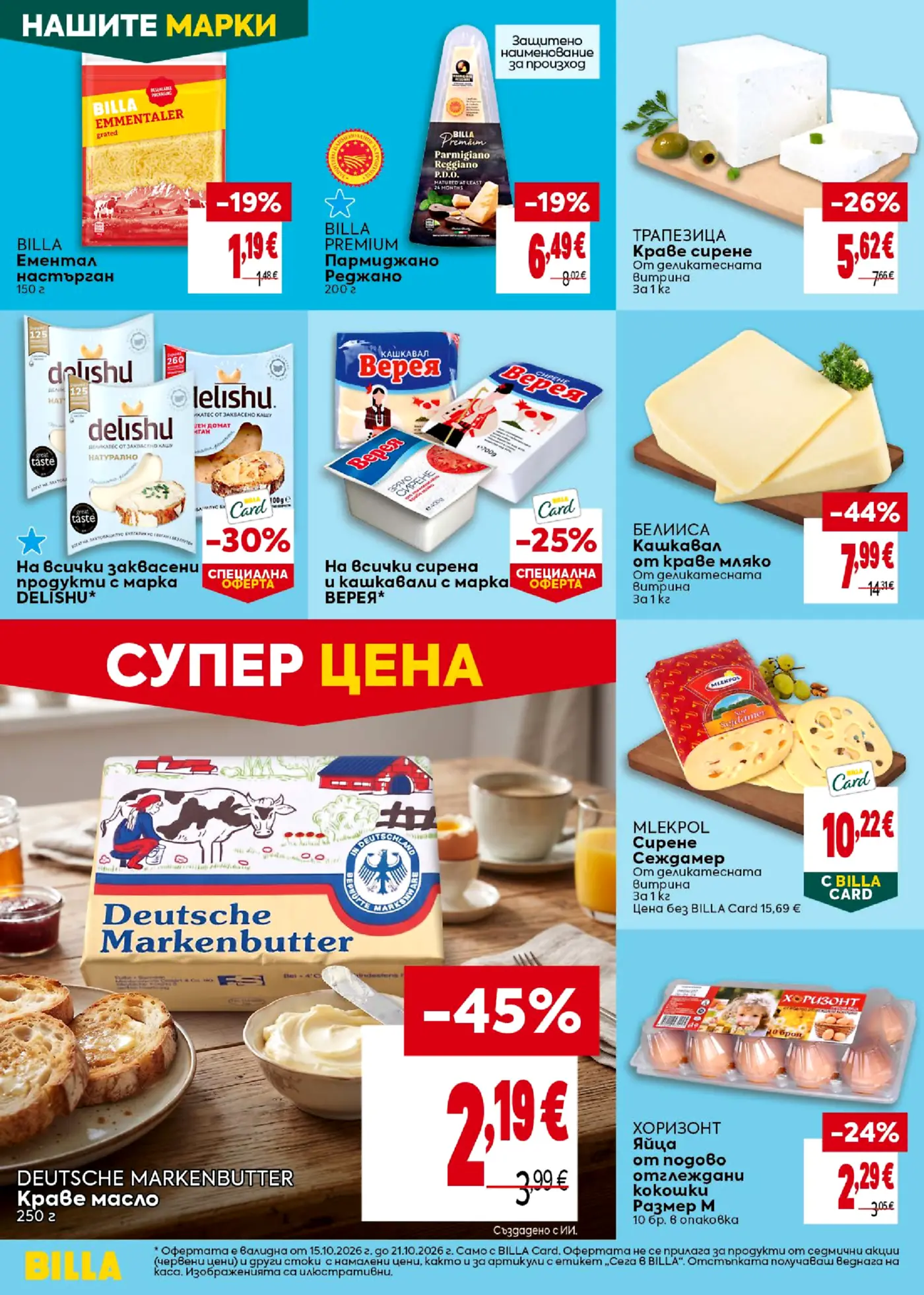 Страница от промоционална брошура на Billa с млечни продукти, сирена, кашкавал, масло и яйца