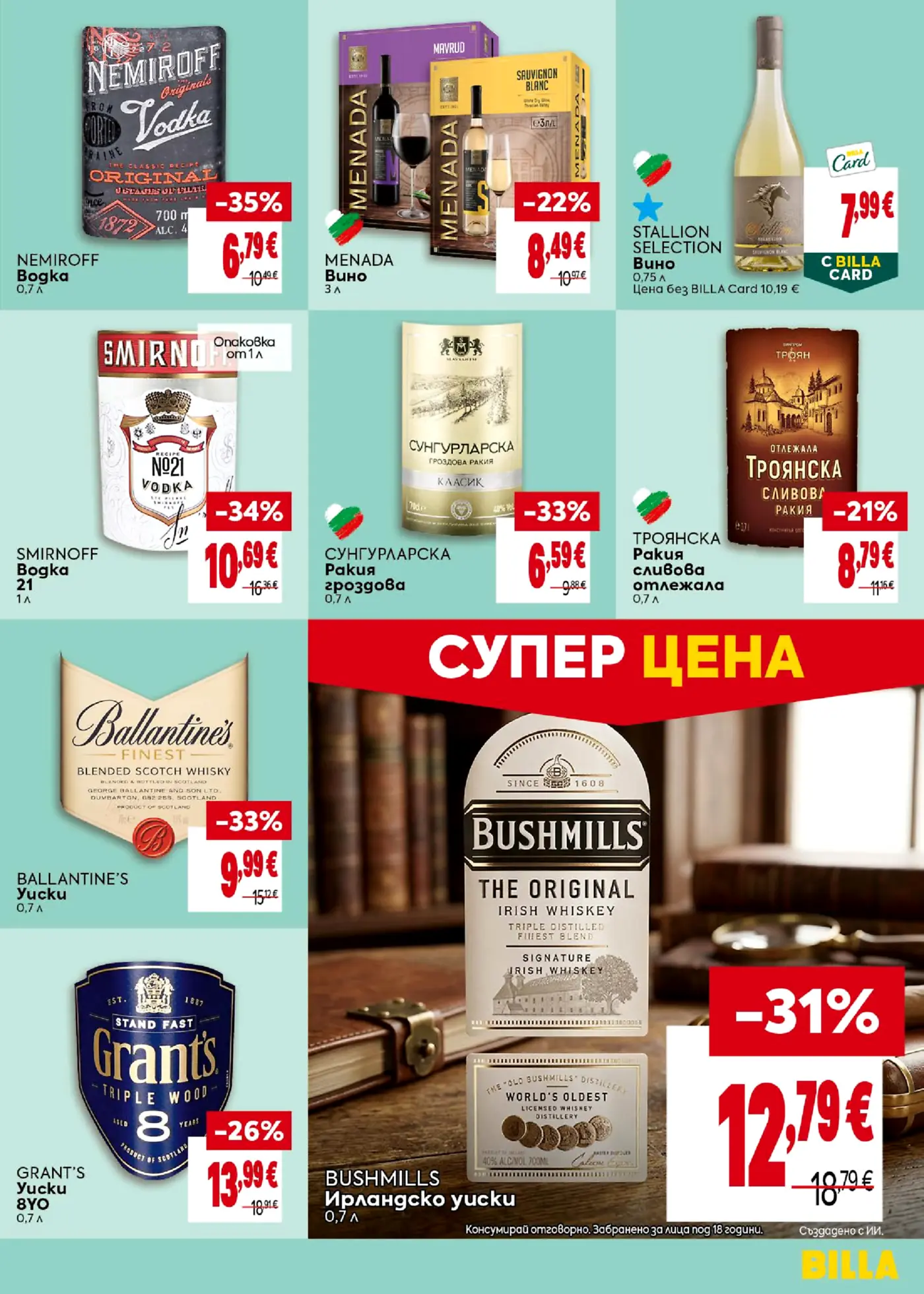 Страница от промоционална брошура на Billa с алкохол и спиртни напитки