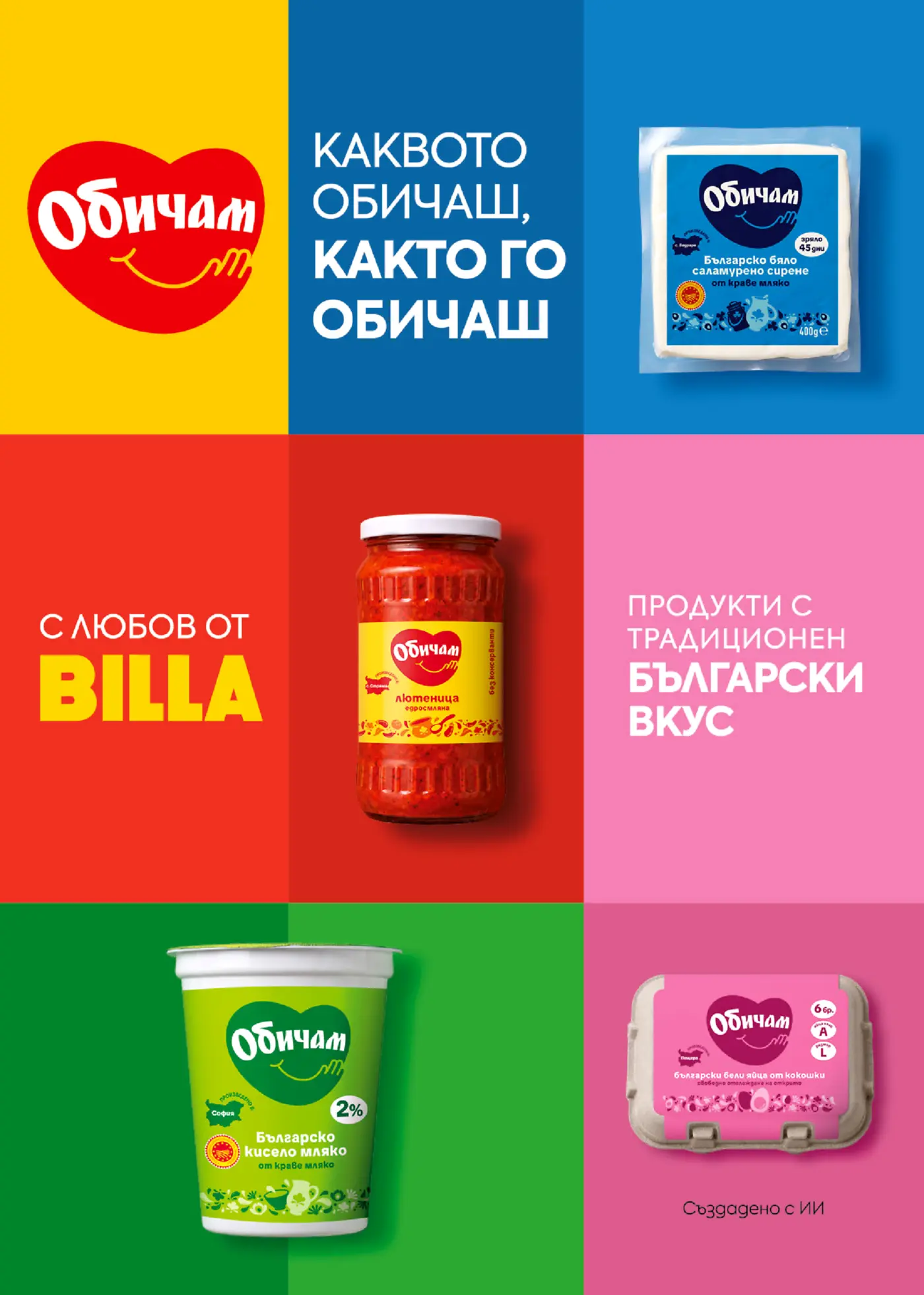 Страница с български продукти с марка Обичам от Billa