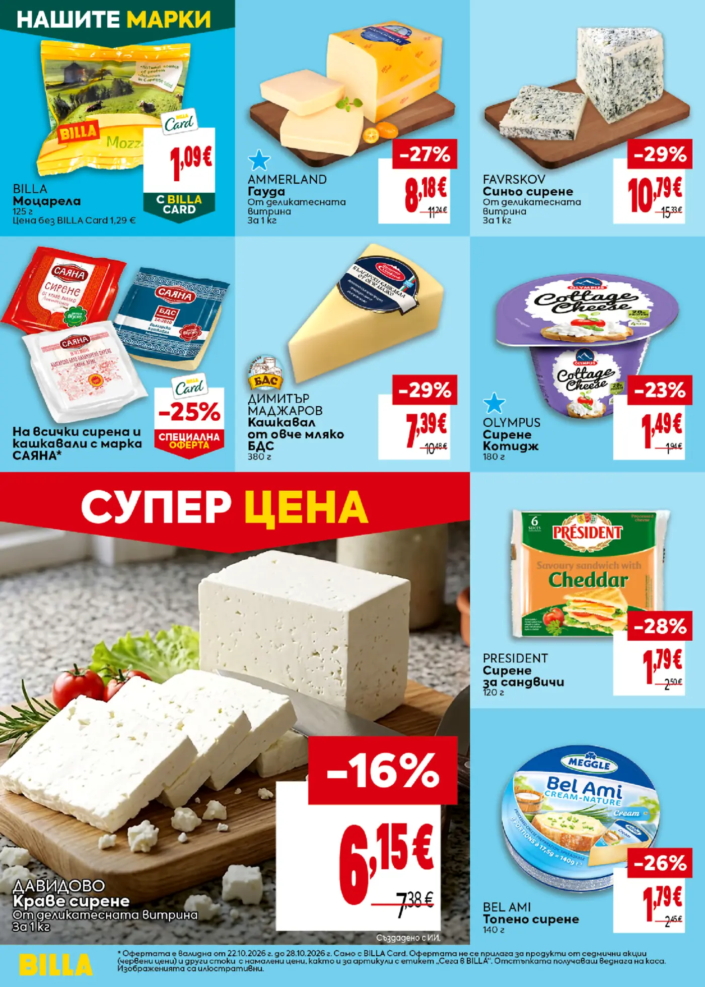 Страница от промоционална брошура на Billa с различни видове сирена и кашкавал
