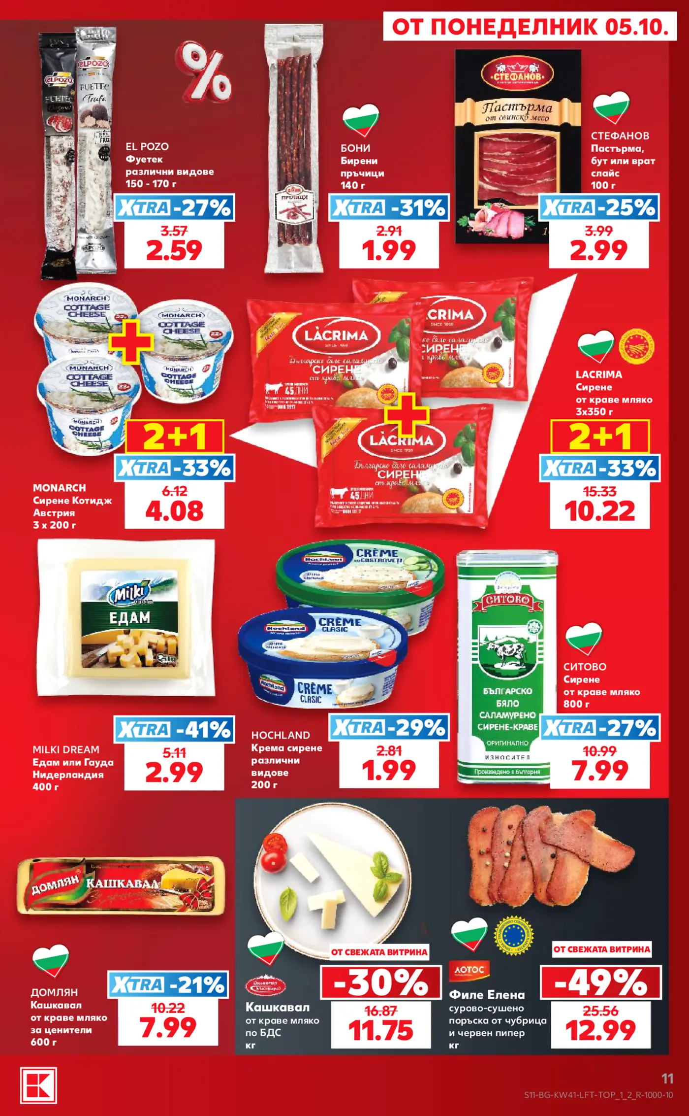 Страница от промоционална брошура с колбаси, сирена и млечни продукти