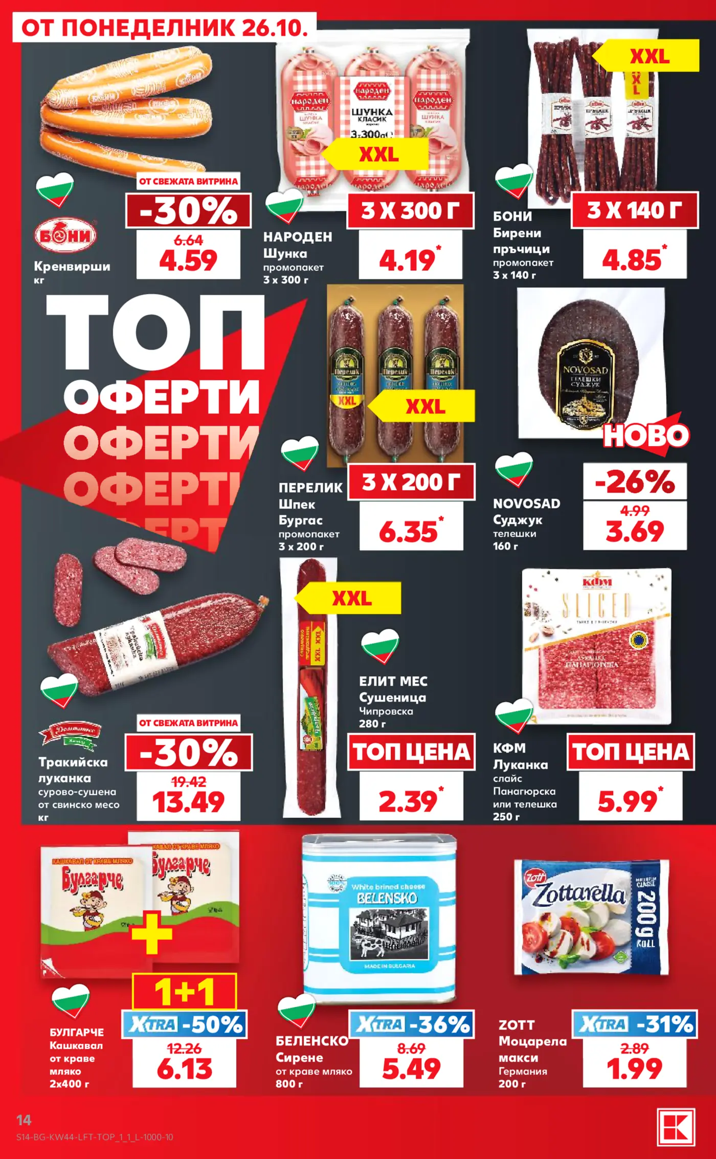 Страница от промоционална брошура с колбаси, сирене и млечни продукти