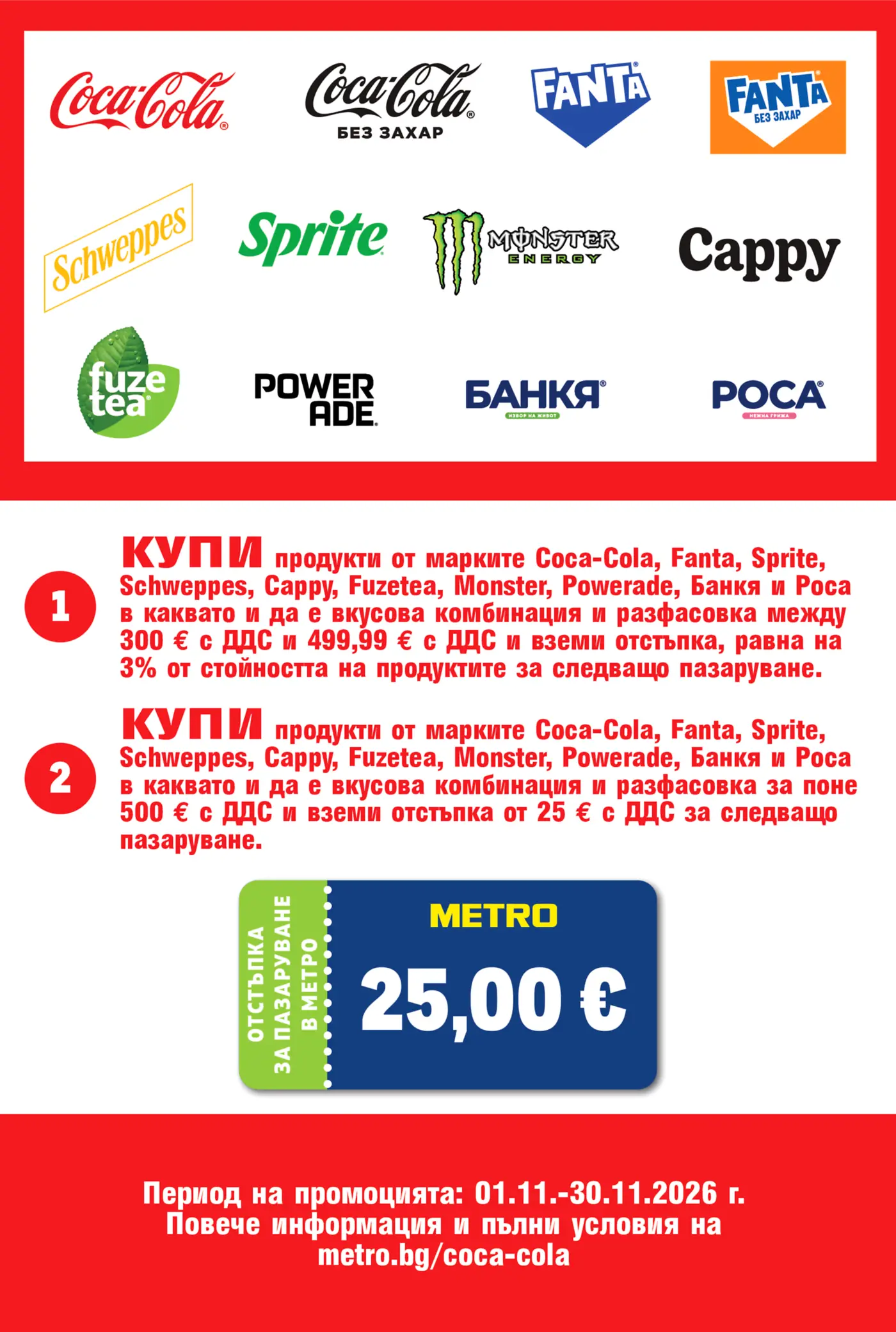 Страница с промоционални условия за напитки Coca-Cola, Fanta, Sprite, Schweppes, Cappy, Fuzetea, Monster, Powerade, Банкя и Роса в METRO