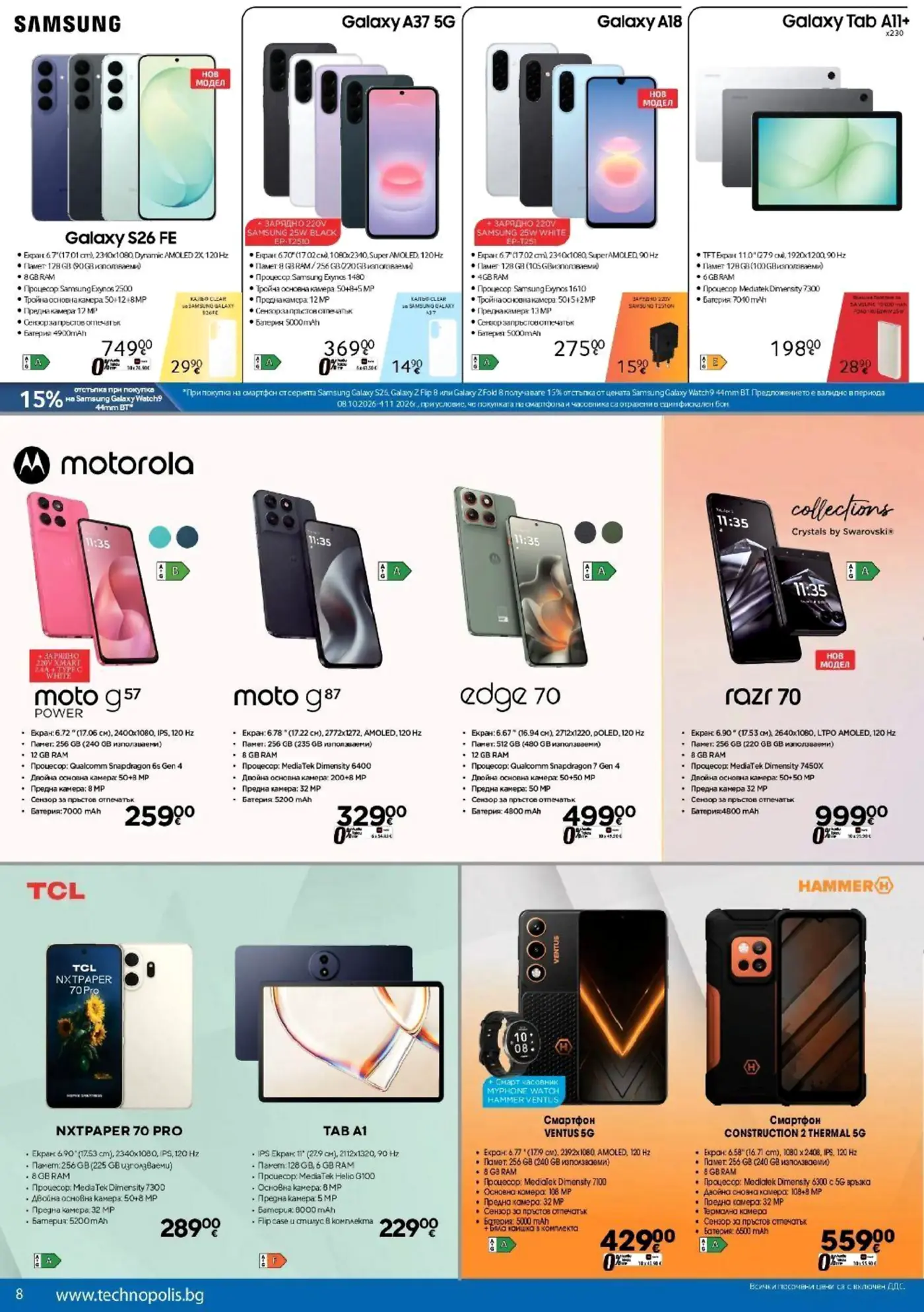 Страница с промоционални оферти за мобилни телефони и таблети Samsung, Motorola, TCL и Hammer