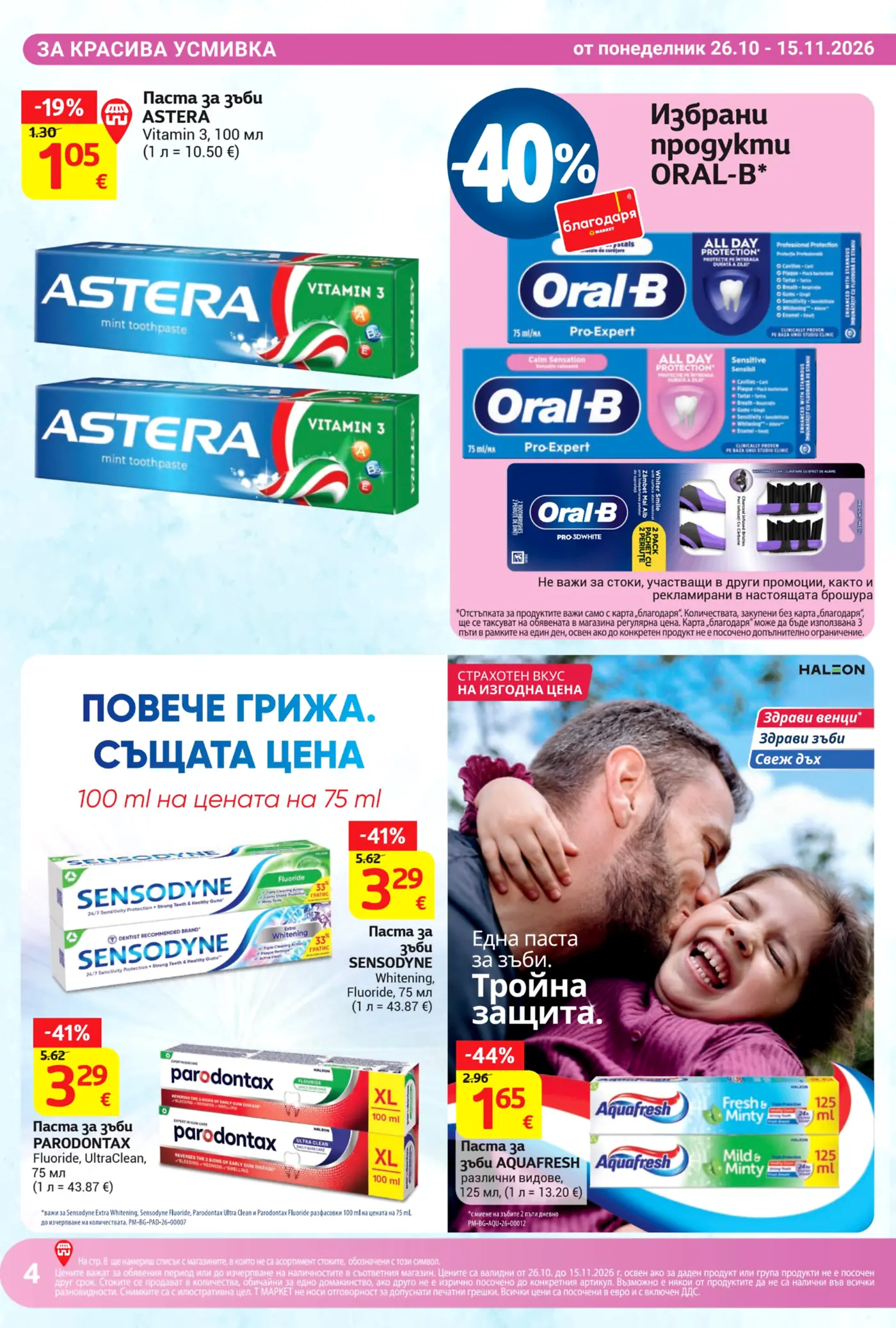 Страница с промоции на пасти за зъби Astera, Oral-B, Sensodyne, Parodontax и Aquafresh